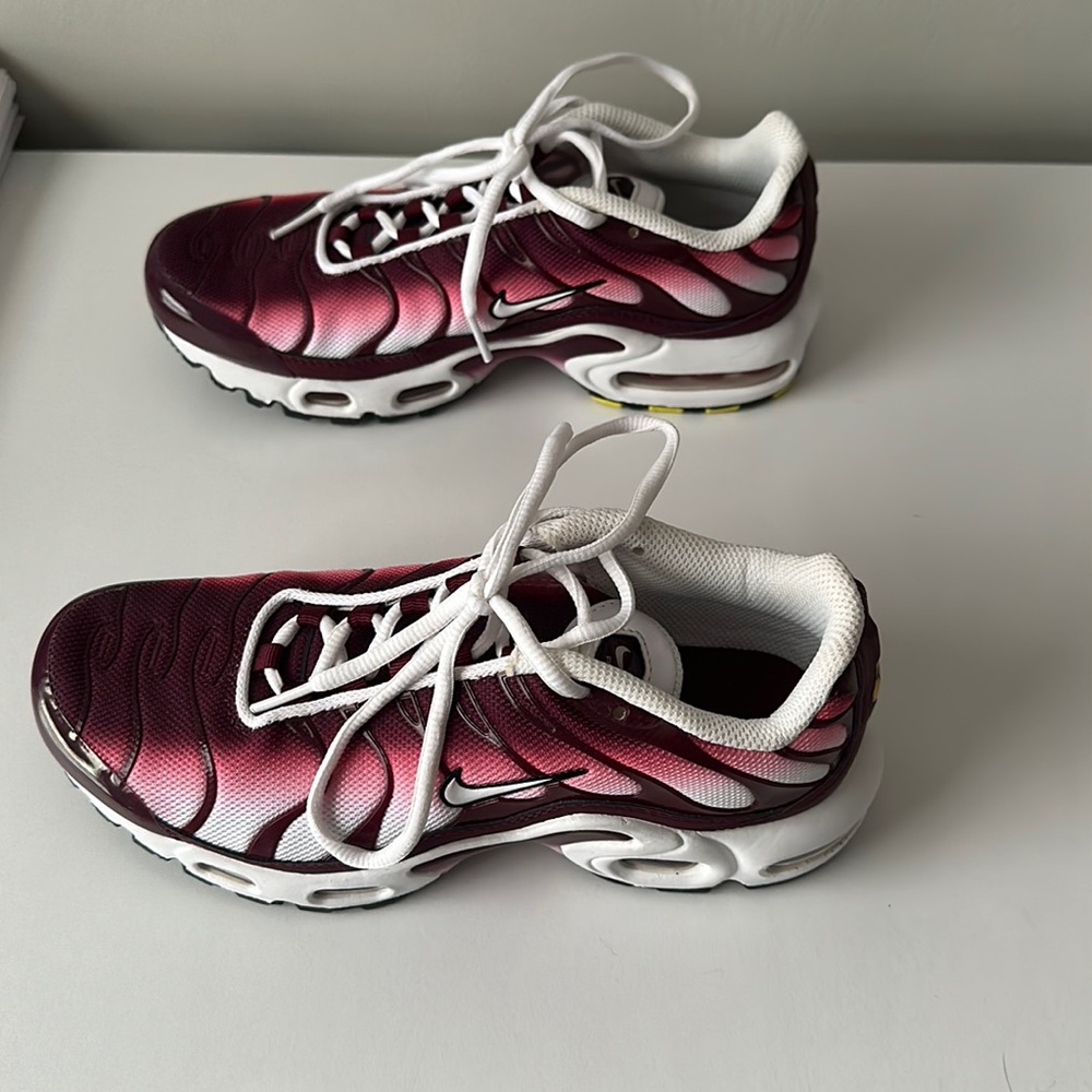 Red/pink ombré Nike air max plus shoes.